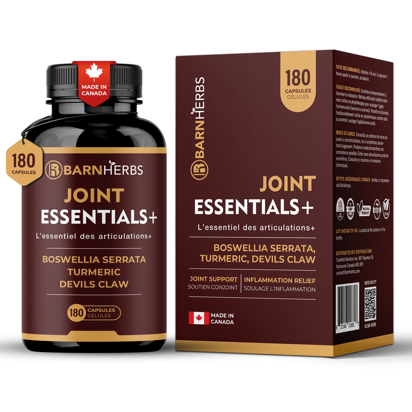ALL-IN-ONE Joint Support Supplement | Turmeric, Piperine, Boswellia Serrata, Devil’s Claw & Ginger | Mobility & Flexibility Support | Joint Essentials+ by BarnHerbs | 180 Capsules | Made in Canada