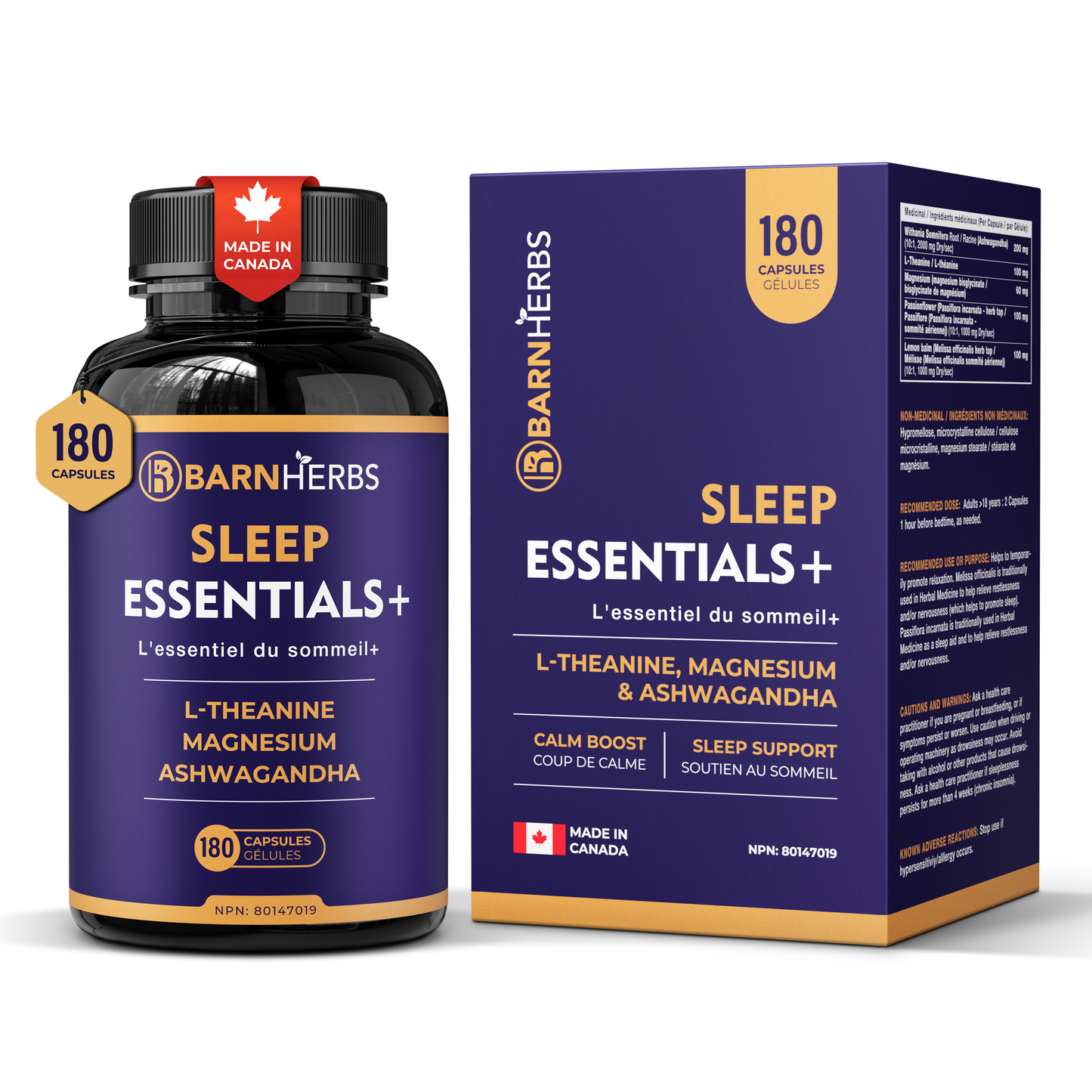 ALL-IN-ONE Natural Sleep Aid | Ashwagandha, Passionflower, Lemon Balm, Magnesium & L-Theanine | Melatonin-Free | BarnHerbs Sleep Essentials+ | 180 Capsules | Made in Canada