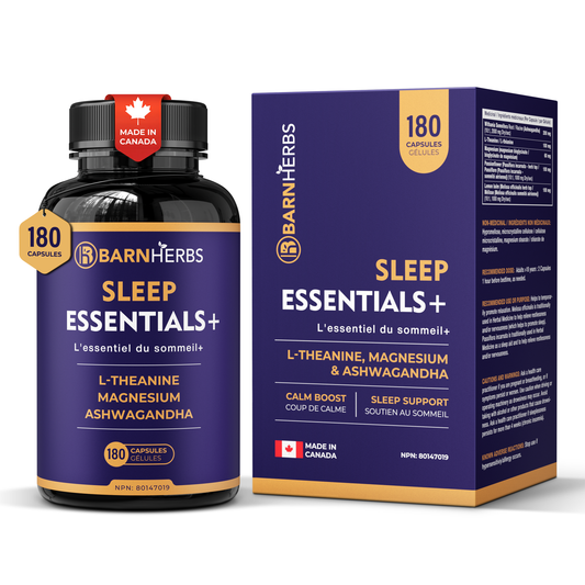 ALL-IN-ONE Natural Sleep Aid | Ashwagandha, Passionflower, Lemon Balm, Magnesium & L-Theanine | Melatonin-Free | BarnHerbs Sleep Essentials+ | 180 Capsules | Made in Canada