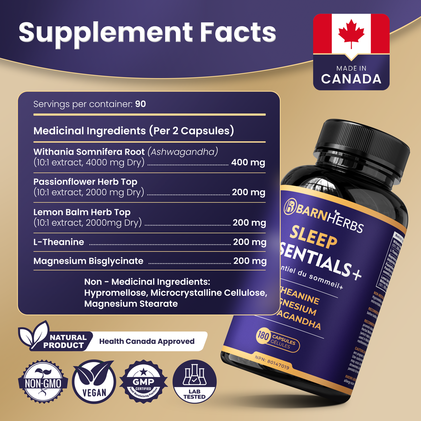 ALL-IN-ONE Natural Sleep Aid | Ashwagandha, Passionflower, Lemon Balm, Magnesium & L-Theanine | Melatonin-Free | BarnHerbs Sleep Essentials+ | 180 Capsules | Made in Canada