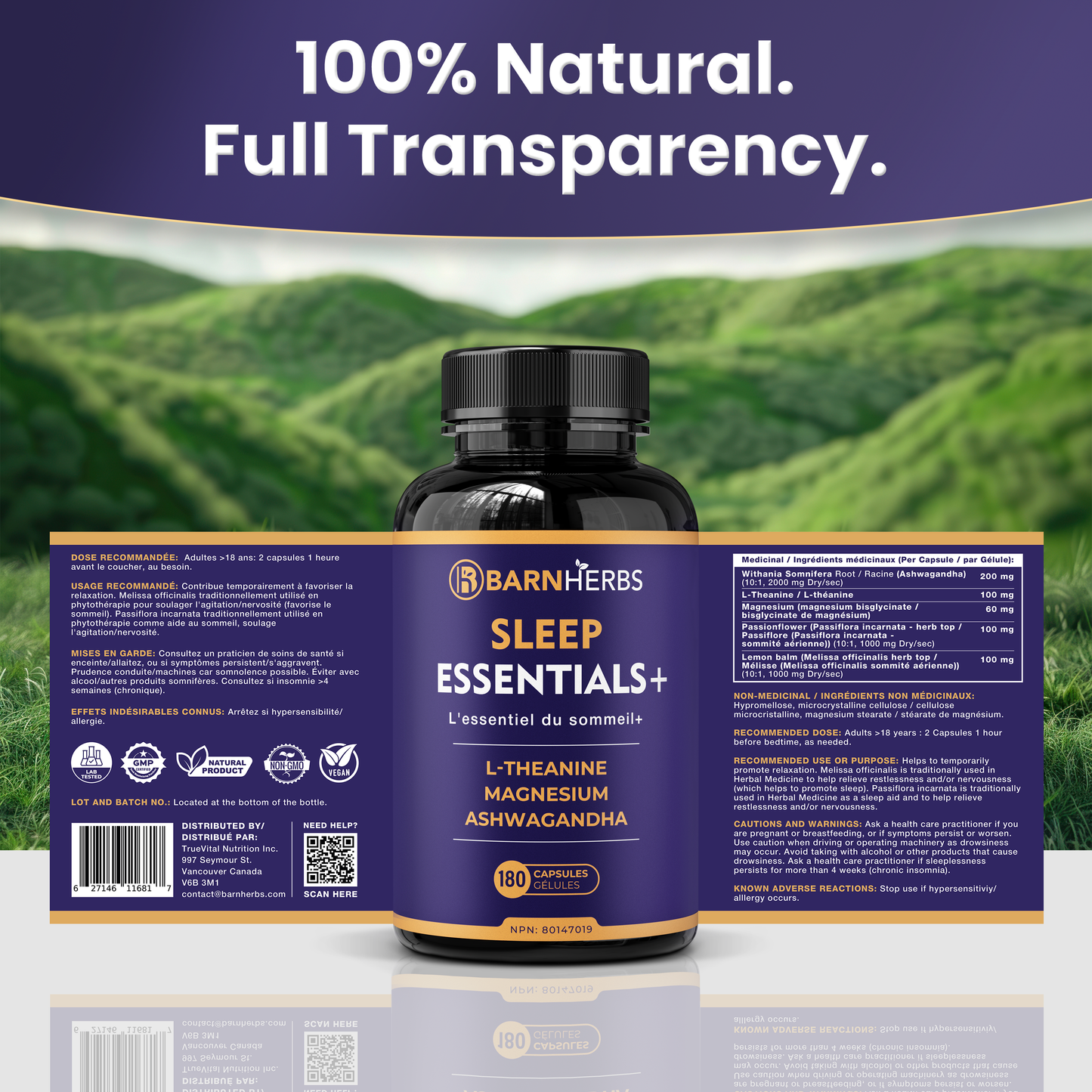 ALL-IN-ONE Natural Sleep Aid | Ashwagandha, Passionflower, Lemon Balm, Magnesium & L-Theanine | Melatonin-Free | BarnHerbs Sleep Essentials+ | 180 Capsules | Made in Canada