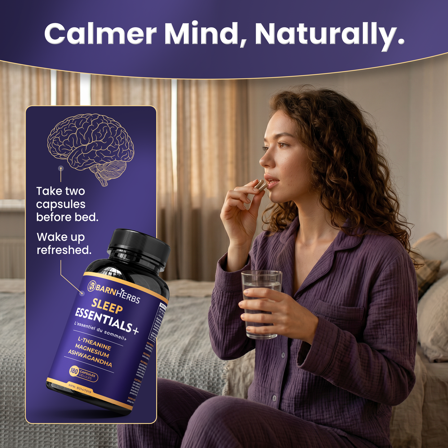 ALL-IN-ONE Natural Sleep Aid | Ashwagandha, Passionflower, Lemon Balm, Magnesium & L-Theanine | Melatonin-Free | BarnHerbs Sleep Essentials+ | 180 Capsules | Made in Canada